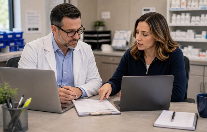 A realistic editorial image representing pharmacy data migration partner selection for independent pharmacy professionals.