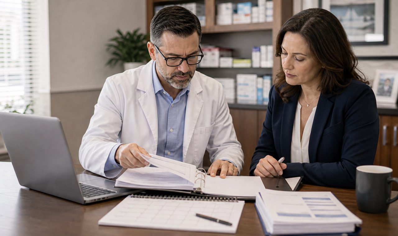 A realistic editorial image representing vendor contract review for independent pharmacy professionals.