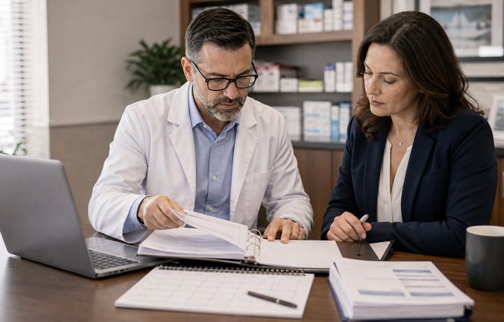 A realistic editorial image representing vendor contract review for independent pharmacy professionals.