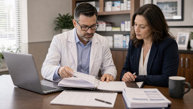 A realistic editorial image representing vendor contract review for independent pharmacy professionals.