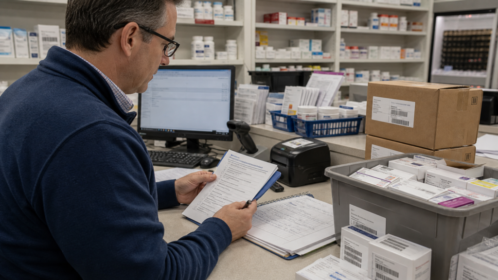 DSCSA editorial featured image for DSCSA Questions Pharmacy Owners Should Ask Their Vendors, showing a realistic pharmacy operations scene