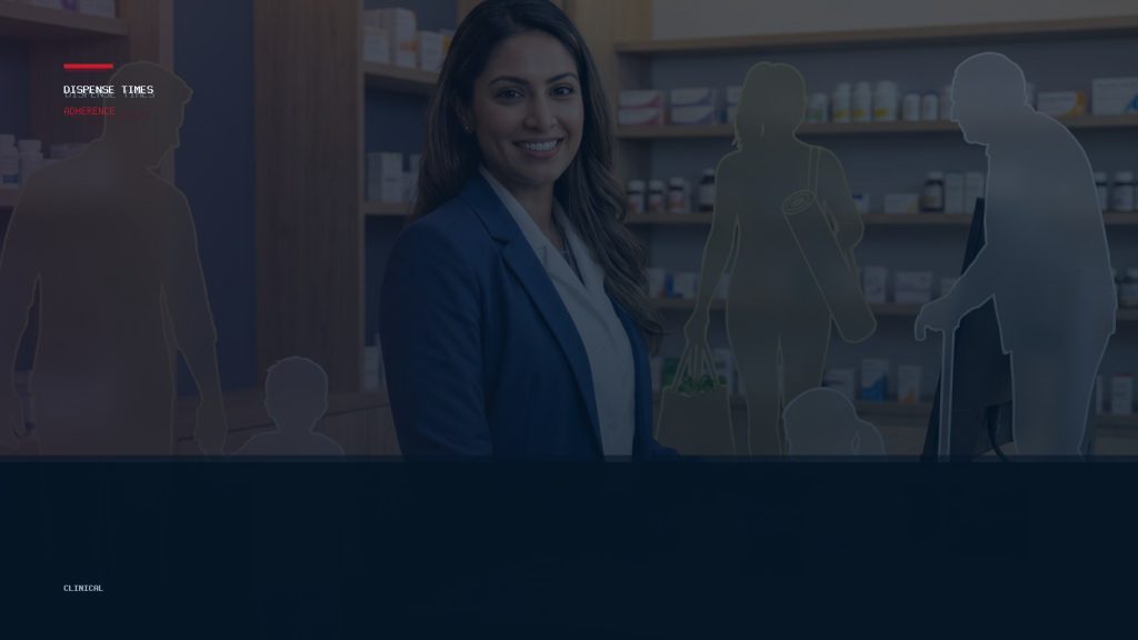 Community pharmacist reviewing adherence notes and medication synchronization workflow