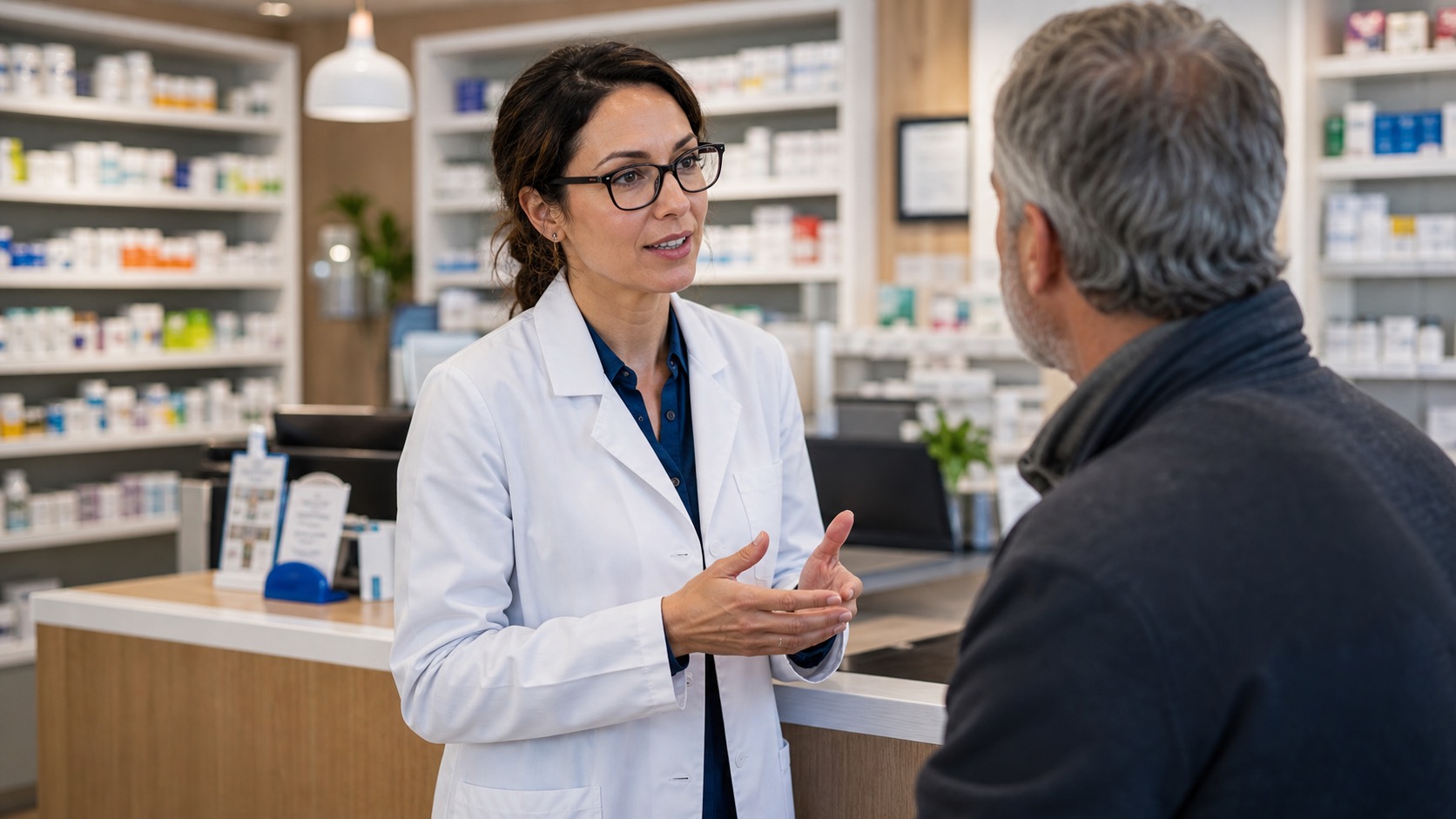 Community pharmacist discussing local pharmacy service