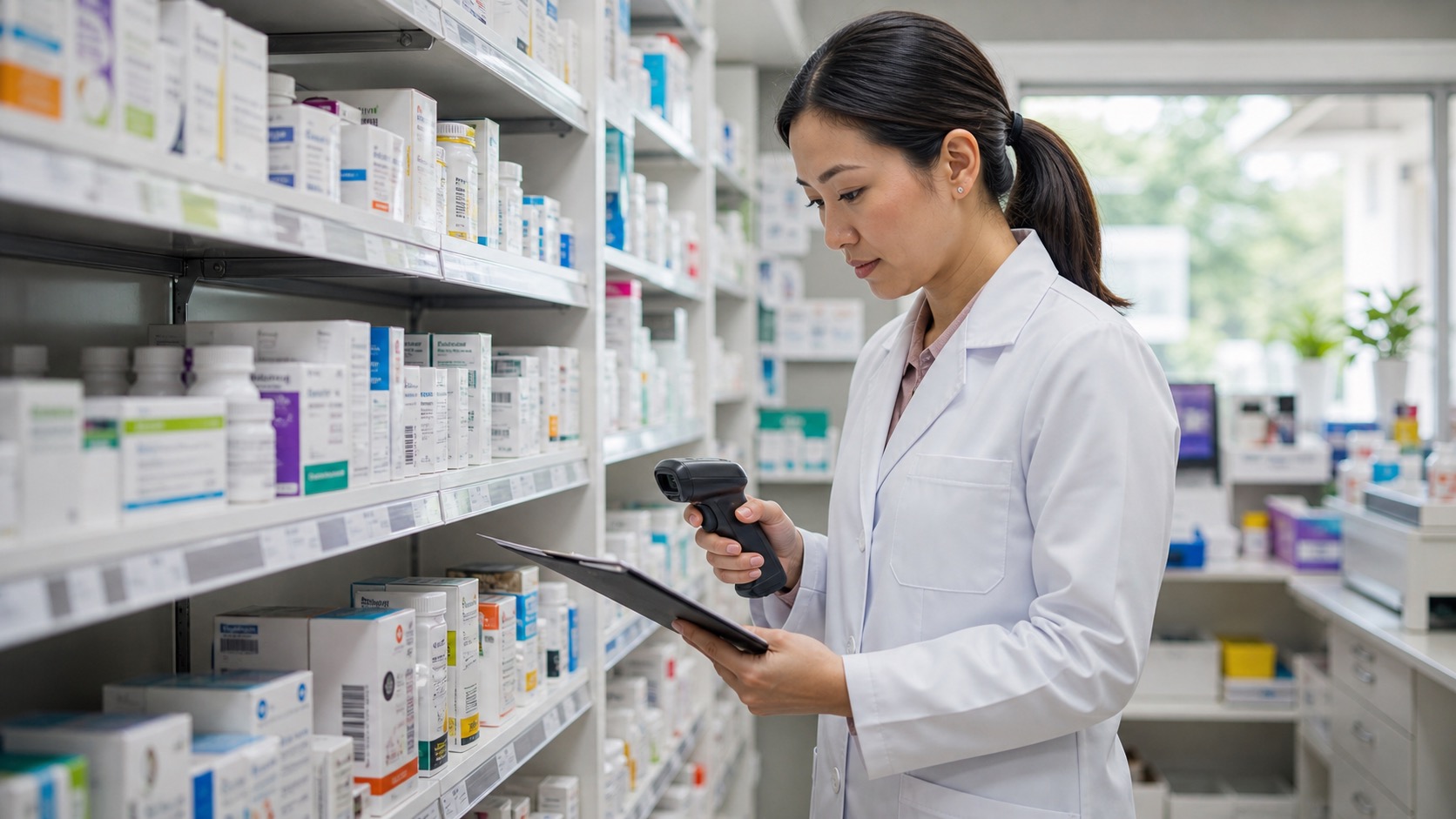 Pharmacist checking inventory on pharmacy shelves