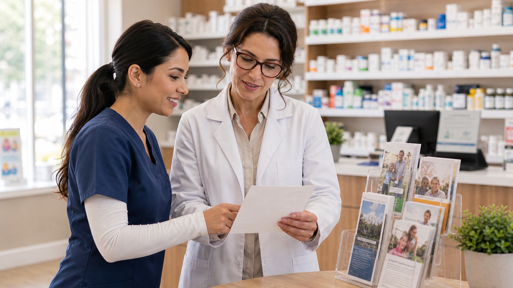 Local pharmacy marketing conversation at the front counter