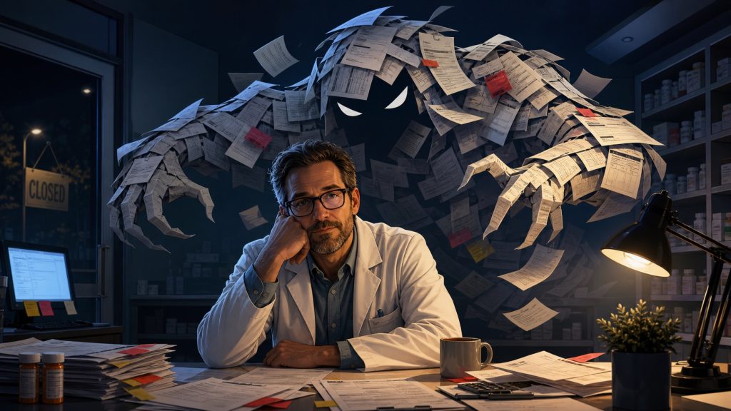 Editorial illustration of a pharmacist facing paperwork and PBM pressure for The Pharmacy Boogie Man
