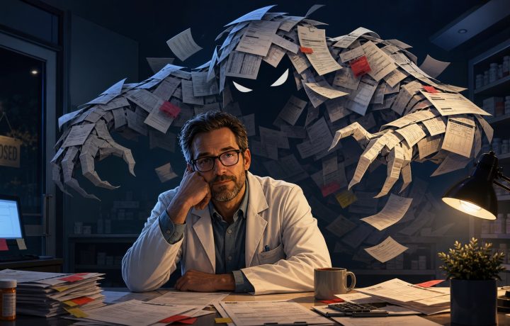 Editorial illustration of a pharmacist facing paperwork and PBM pressure for The Pharmacy Boogie Man