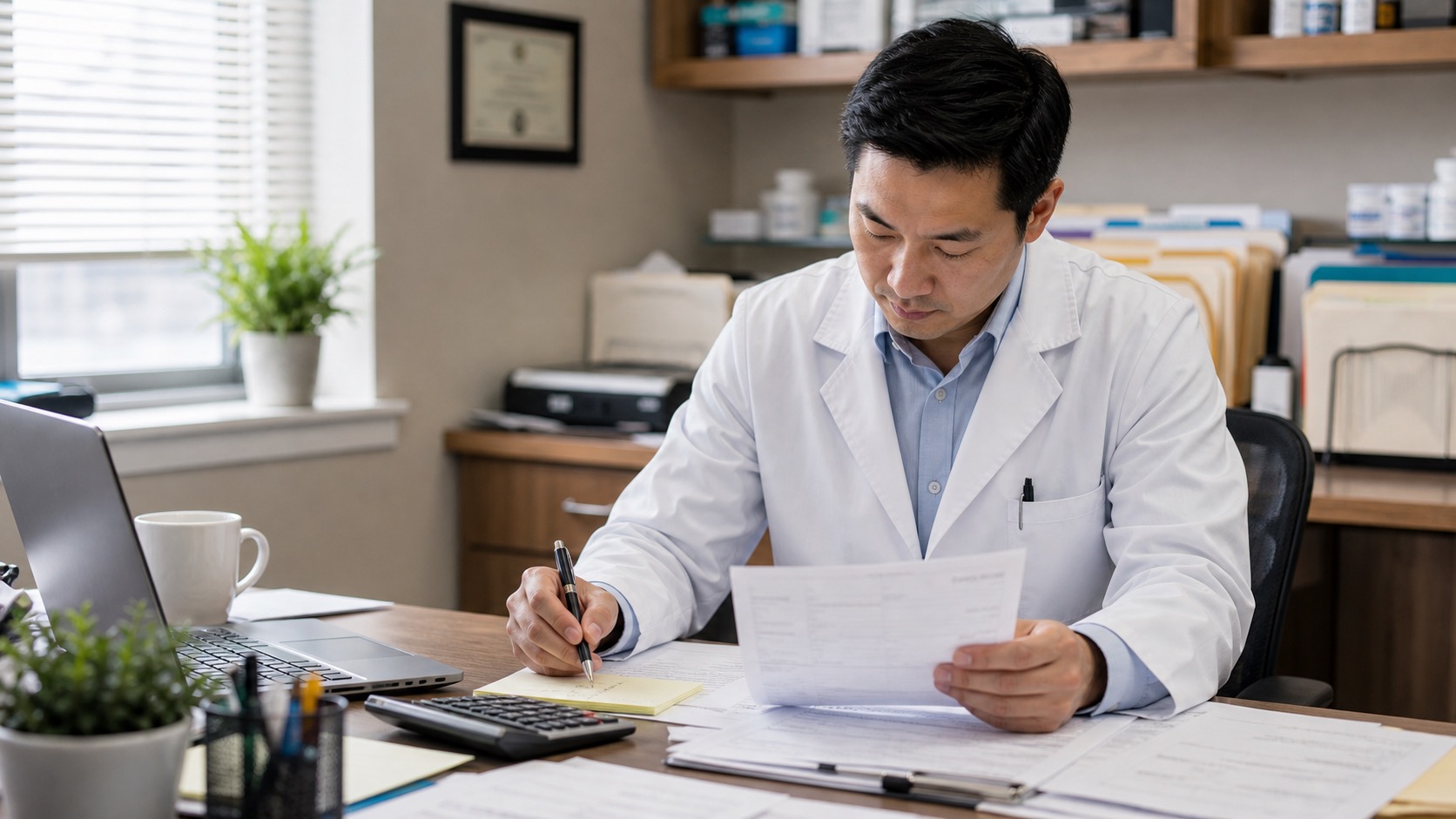 Independent pharmacy owner reviewing margin leakage in office