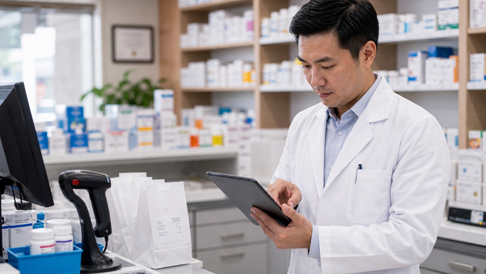 Pharmacist reviewing workflow software on tablet