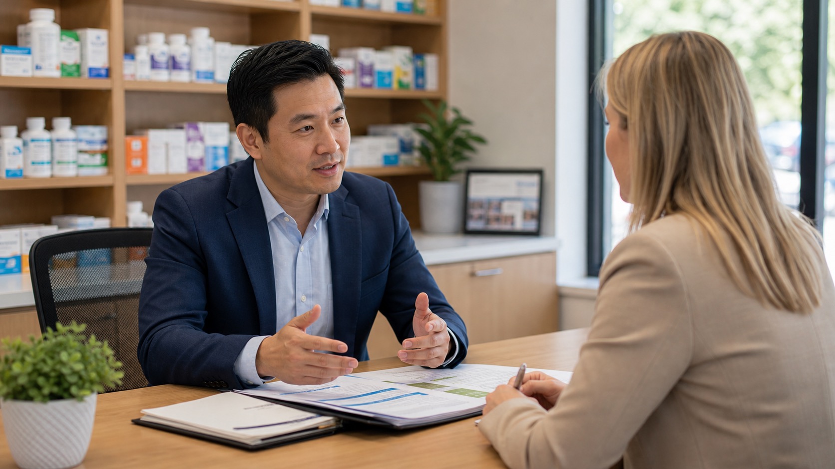 Pharmacy owner meeting with employer benefits manager