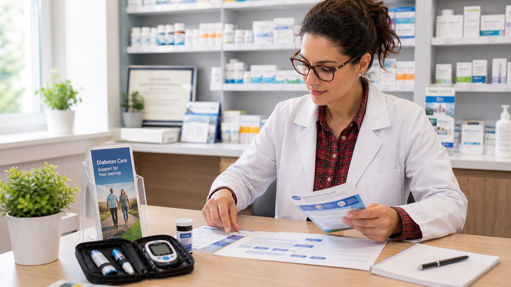 Pharmacist preparing diabetes care workflow materials