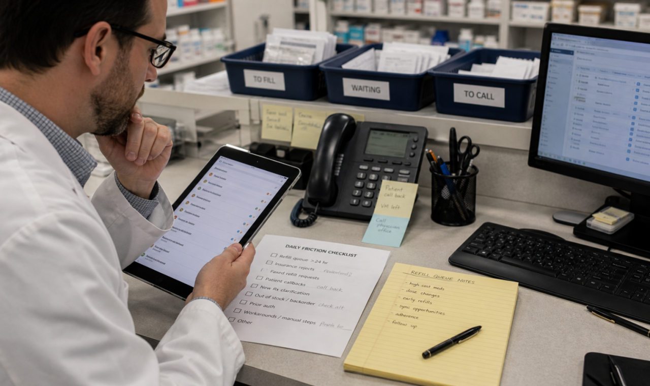 AI Workflow editorial featured image for How AI Workflow Can Reduce Daily Friction Without Replacing Judgment, showing a realistic pharmacy operations scene