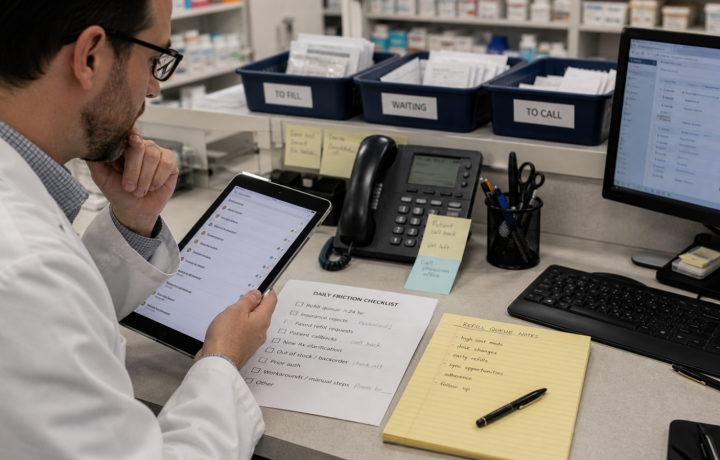 AI Workflow editorial featured image for How AI Workflow Can Reduce Daily Friction Without Replacing Judgment, showing a realistic pharmacy operations scene