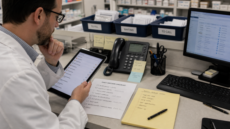 AI Workflow editorial featured image for How AI Workflow Can Reduce Daily Friction Without Replacing Judgment, showing a realistic pharmacy operations scene