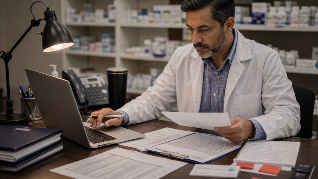 AI Workflow editorial featured image for How AI Workflow Can Support Marketing, Operations, and Patient Communication, showing a realistic pharmacy operations scene