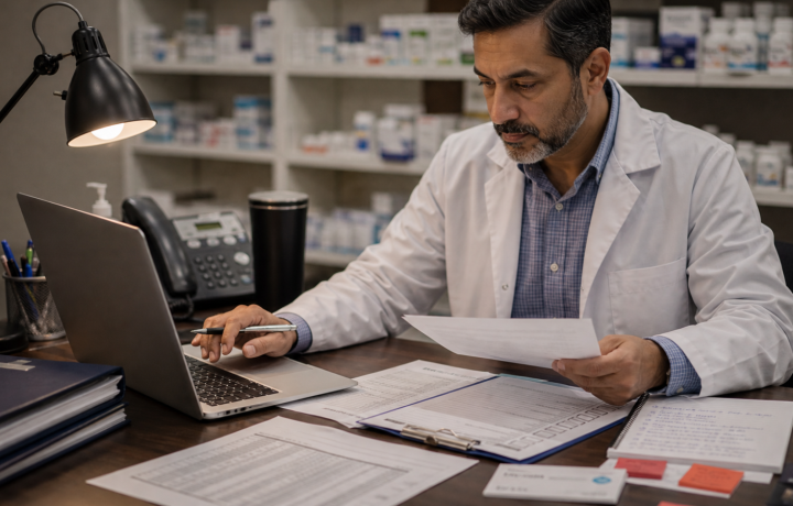 AI Workflow editorial featured image for How AI Workflow Can Support Marketing, Operations, and Patient Communication, showing a realistic pharmacy operations scene