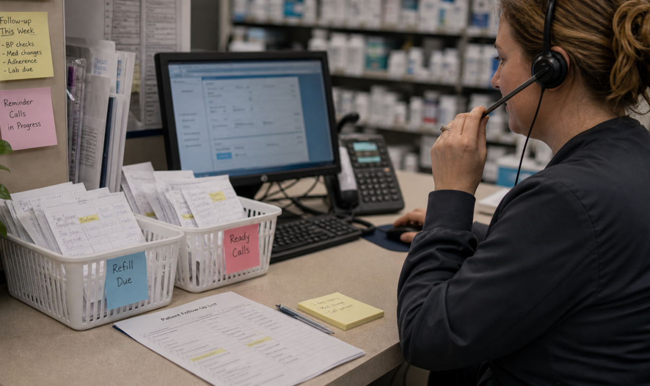 Automation editorial featured image for How Automated Follow-Ups Can Improve Pharmacy Workflow, showing a realistic pharmacy operations scene