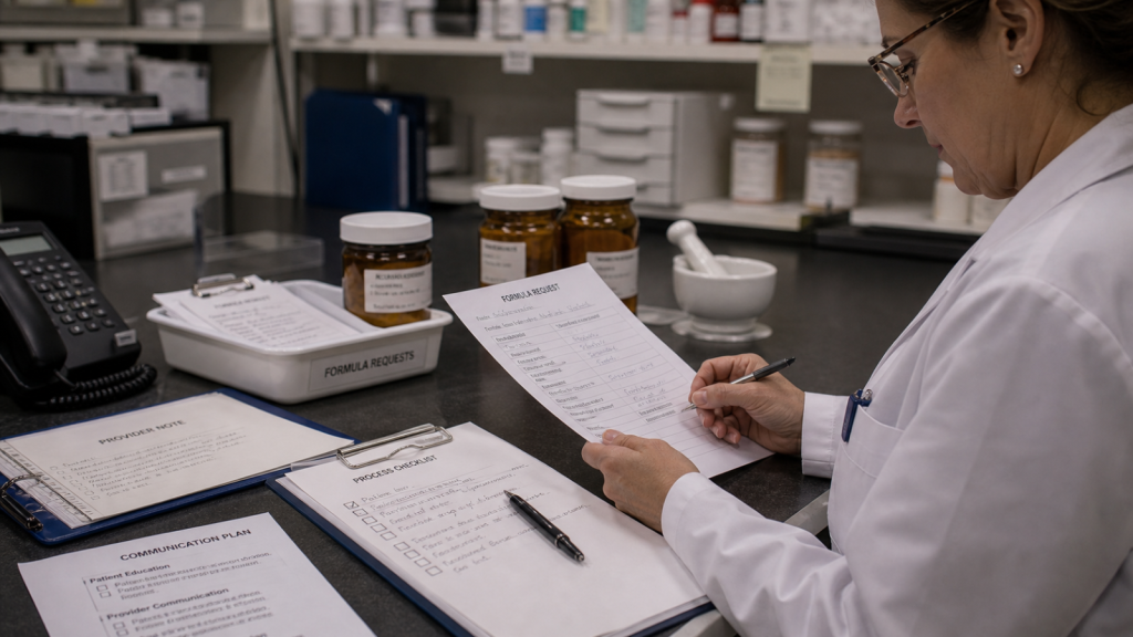 Compounding editorial featured image for How Compounding Pharmacies Can Explain Value Without Overpromising, showing a realistic pharmacy operations scene