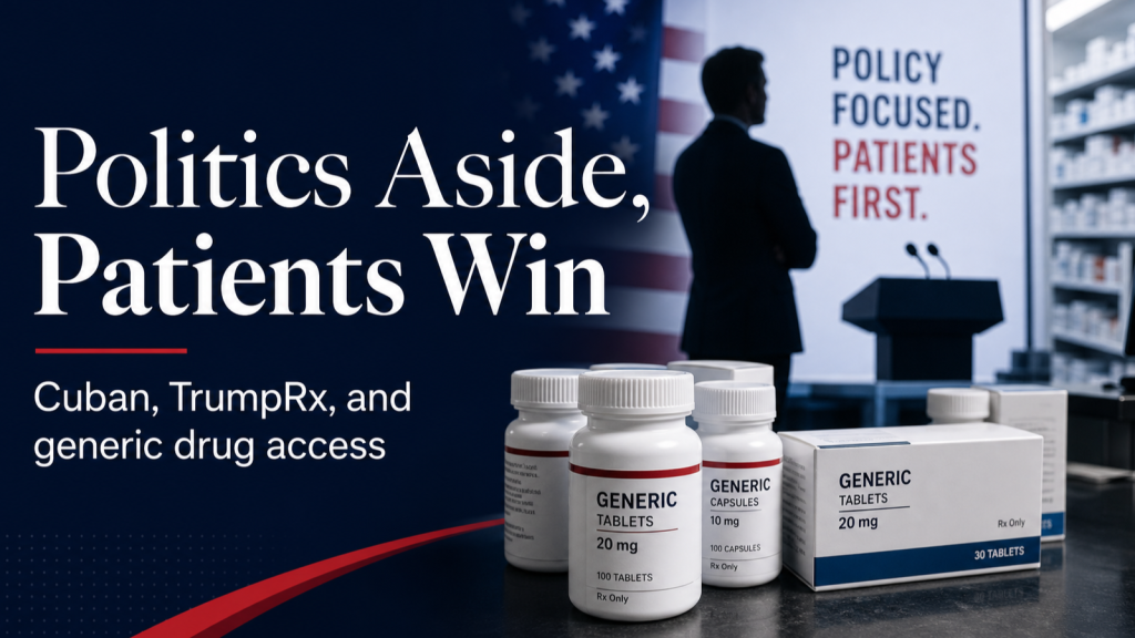Editorial image about Mark Cuban, TrumpRx, generic drug access, and prescription pricing transparency