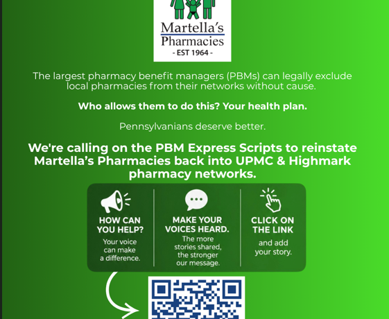 Stop PBMs From Cutting Out Local Pharmacies campaign flyer for Martella’s Pharmacies and PAMyPharmacyMyChoice.org