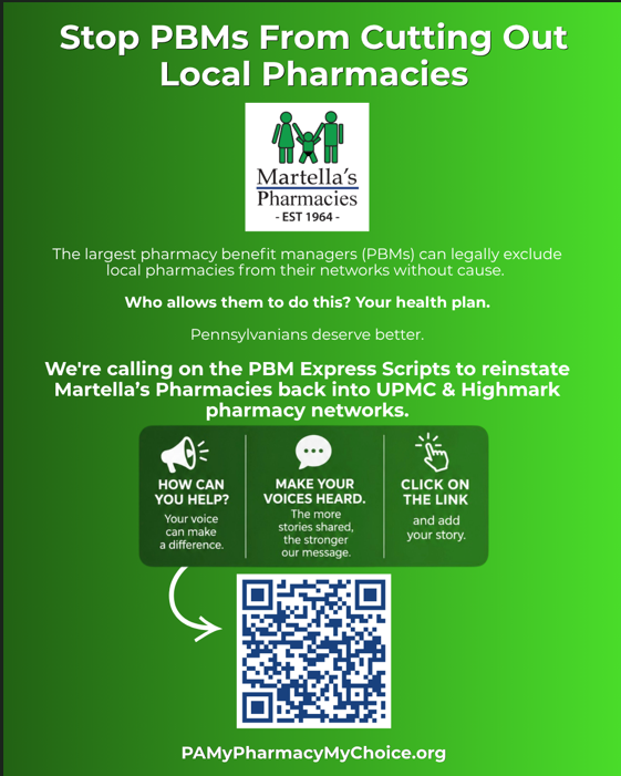 Stop PBMs From Cutting Out Local Pharmacies campaign flyer for Martella’s Pharmacies and PAMyPharmacyMyChoice.org