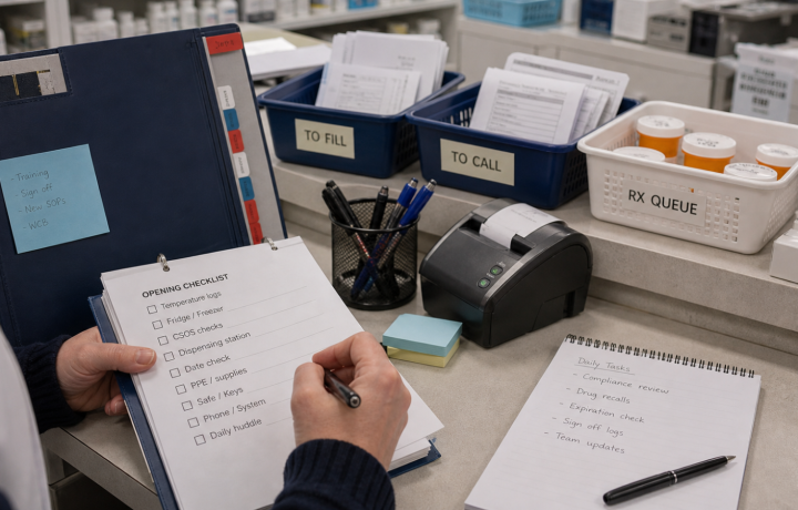 Compliance editorial featured image for Practical Compliance Habits for Independent Pharmacy Teams, showing a realistic pharmacy operations scene