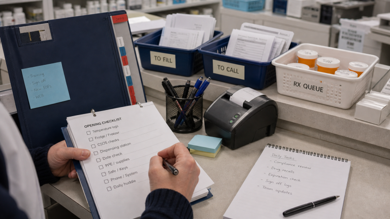 Compliance editorial featured image for Practical Compliance Habits for Independent Pharmacy Teams, showing a realistic pharmacy operations scene