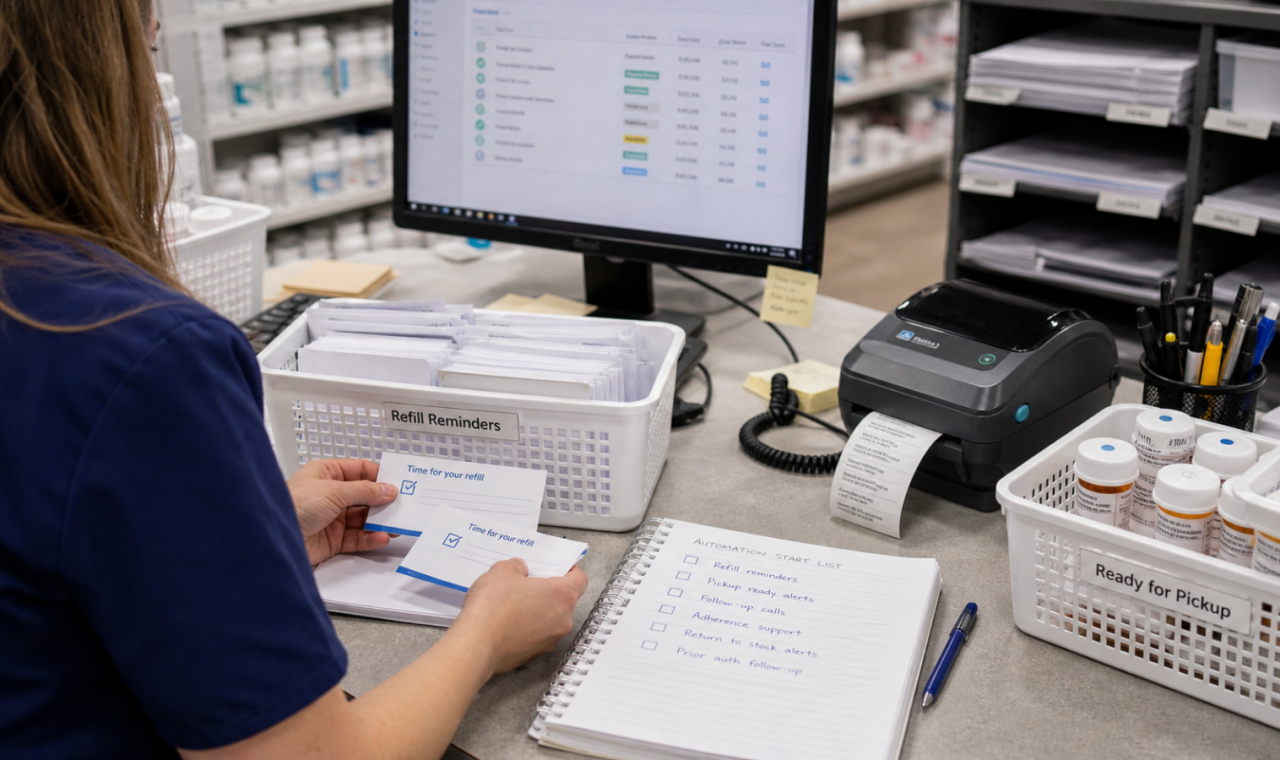 Automation editorial featured image for Simple Automation Projects Independent Pharmacies Can Start With, showing a realistic pharmacy operations scene