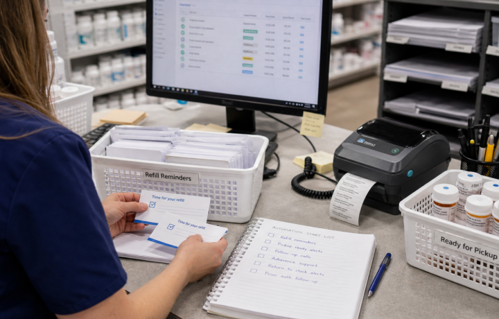 Automation editorial featured image for Simple Automation Projects Independent Pharmacies Can Start With, showing a realistic pharmacy operations scene
