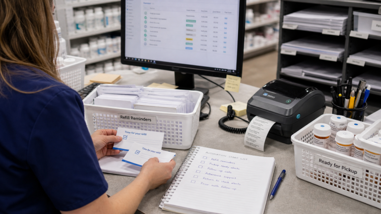 Automation editorial featured image for Simple Automation Projects Independent Pharmacies Can Start With, showing a realistic pharmacy operations scene