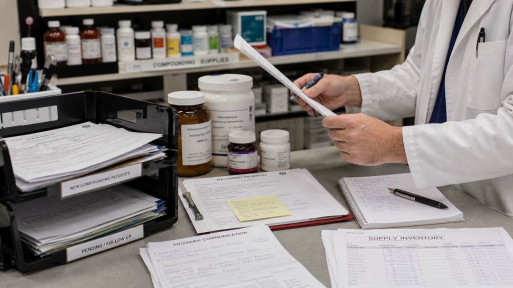Compounding editorial featured image for What Independent Pharmacies Should Understand About Compounding Demand, showing a realistic pharmacy operations scene