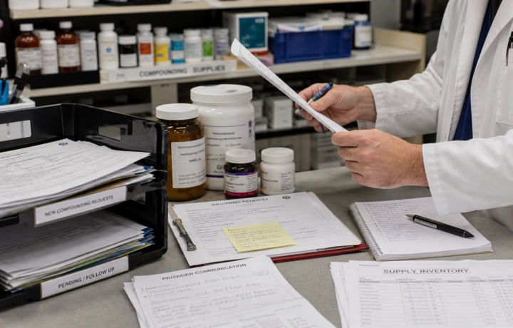 Compounding editorial featured image for What Independent Pharmacies Should Understand About Compounding Demand, showing a realistic pharmacy operations scene