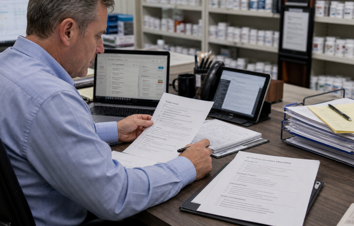 AI Workflow editorial featured image for What Pharmacy Owners Should Ask Before Adding AI Tools, showing a realistic pharmacy operations scene