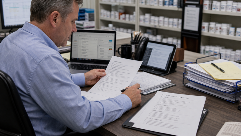 AI Workflow editorial featured image for What Pharmacy Owners Should Ask Before Adding AI Tools, showing a realistic pharmacy operations scene
