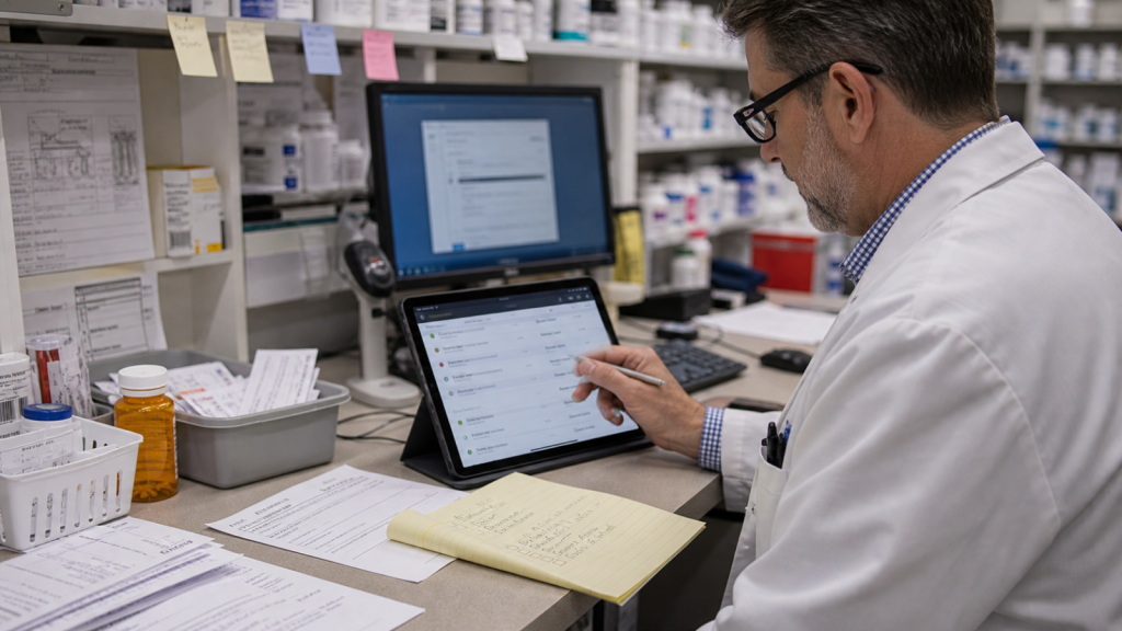 AI Workflow editorial featured image for Where AI Workflow Can Help Independent Pharmacies First, showing a realistic pharmacy operations scene