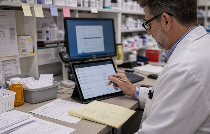 AI Workflow editorial featured image for Where AI Workflow Can Help Independent Pharmacies First, showing a realistic pharmacy operations scene