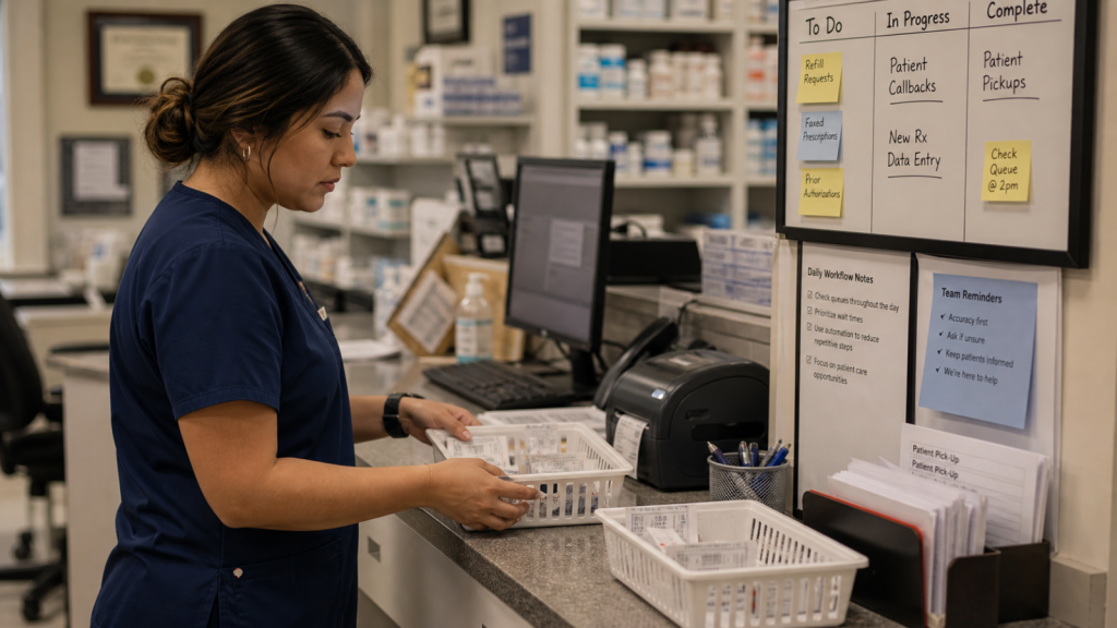 Automation editorial featured image for Why Automation Should Support Pharmacy Teams, Not Replace Them, showing a realistic pharmacy operations scene