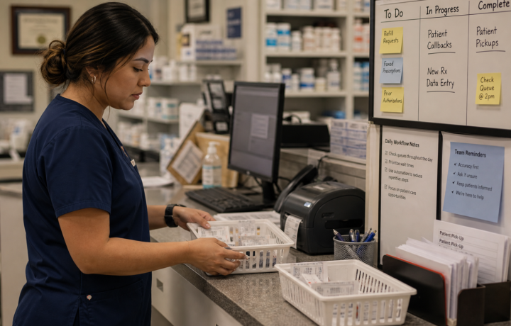 Automation editorial featured image for Why Automation Should Support Pharmacy Teams, Not Replace Them, showing a realistic pharmacy operations scene