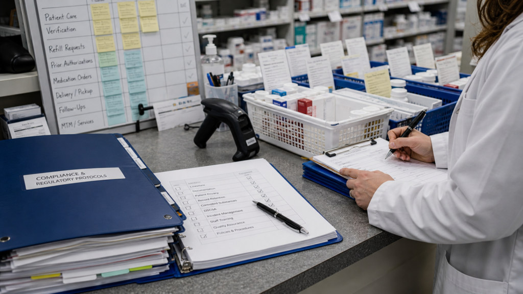 Compliance editorial featured image for Why Compliance and Operations Need to Work Together, showing a realistic pharmacy operations scene