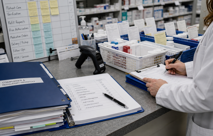 Compliance editorial featured image for Why Compliance and Operations Need to Work Together, showing a realistic pharmacy operations scene