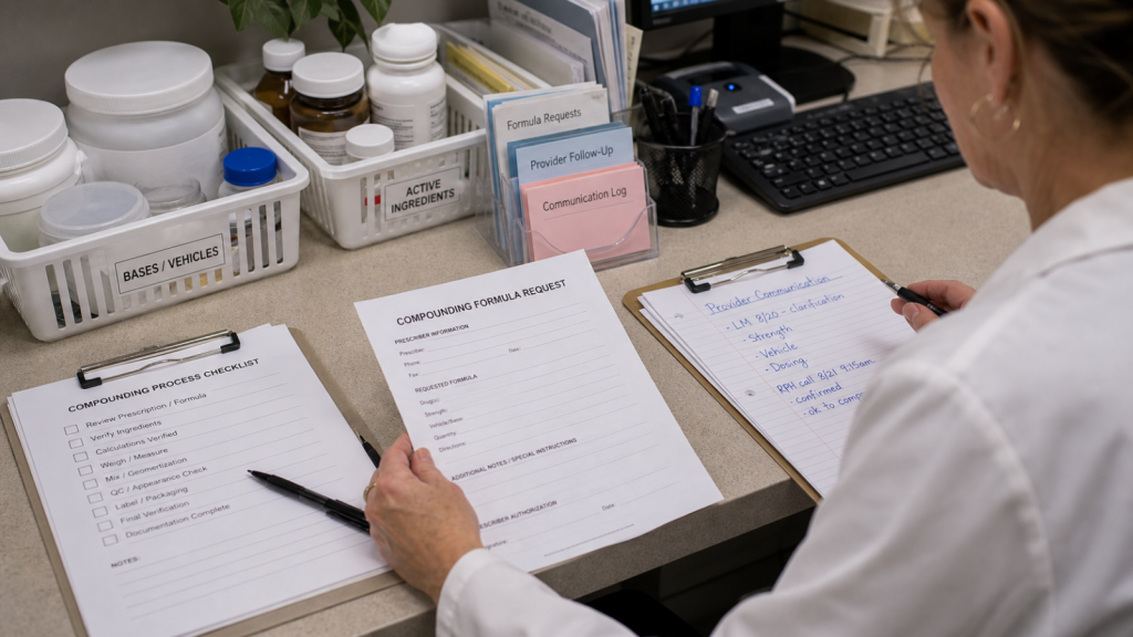 Compounding editorial featured image for Why Compounding Pharmacies Need Stronger Communication Strategies, showing a realistic pharmacy operations scene