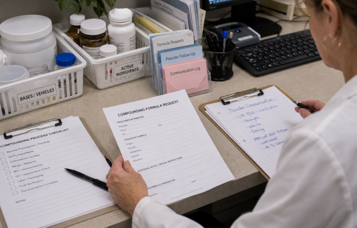 Compounding editorial featured image for Why Compounding Pharmacies Need Stronger Communication Strategies, showing a realistic pharmacy operations scene