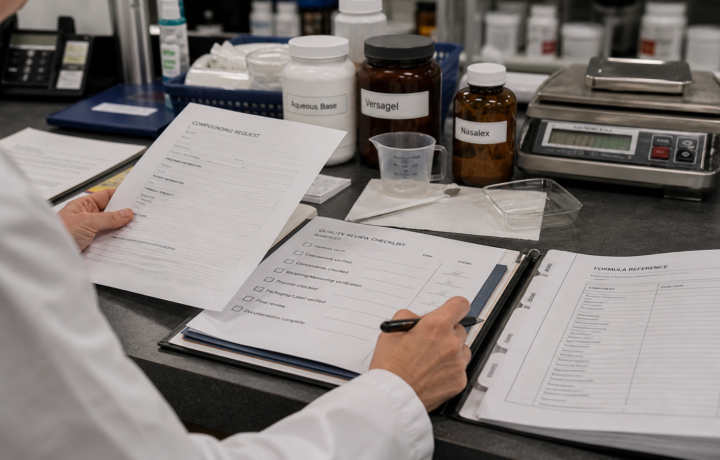 Compounding editorial featured image for Why Documentation and Process Matter in Compounding, showing a realistic pharmacy operations scene