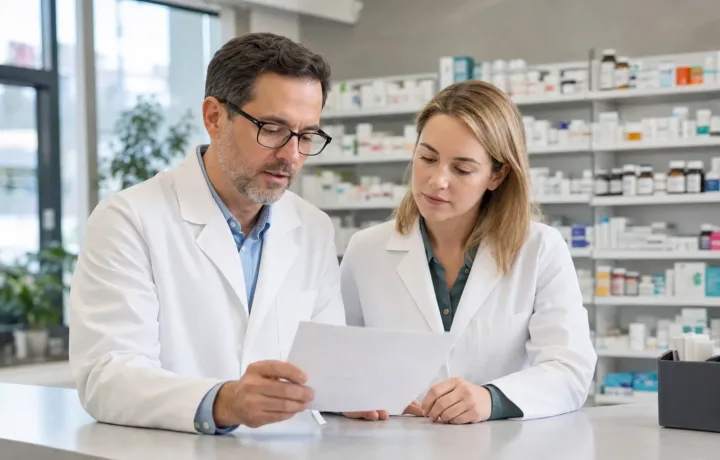 Pharmacists reviewing a controlled-substance prescription in an independent community pharmacy