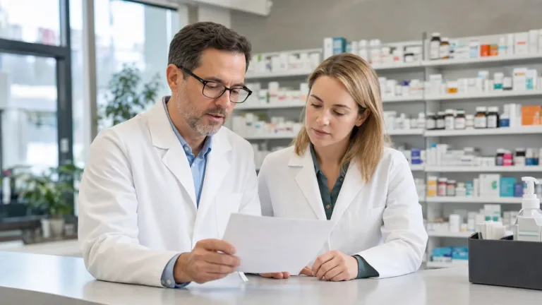 Pharmacists reviewing a controlled-substance prescription in an independent community pharmacy