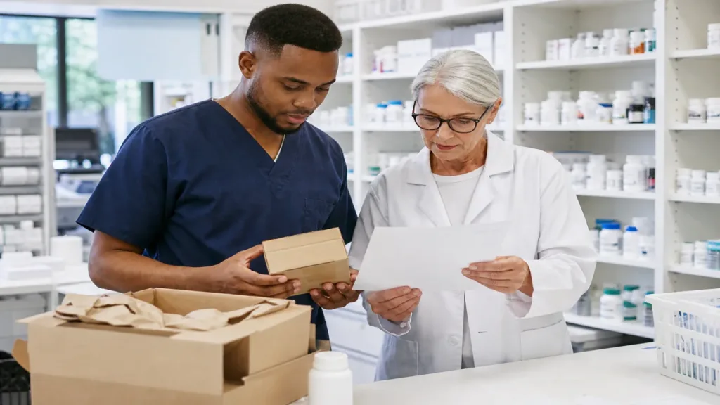 Pharmacy professionals checking a shipment during a DSCSA receiving workflow.