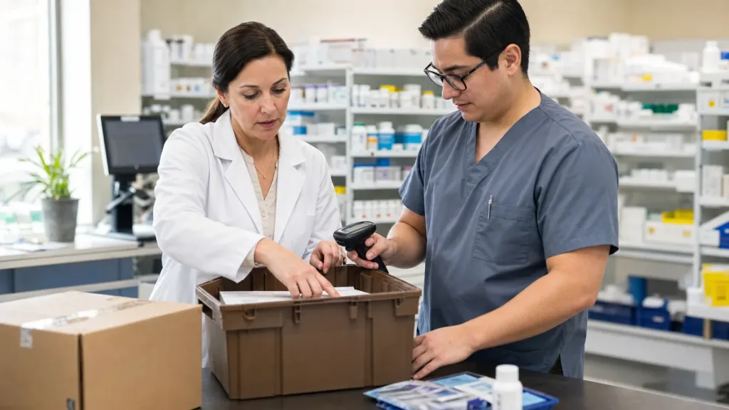 Pharmacist and technician receiving a medication shipment in an independent community pharmacy