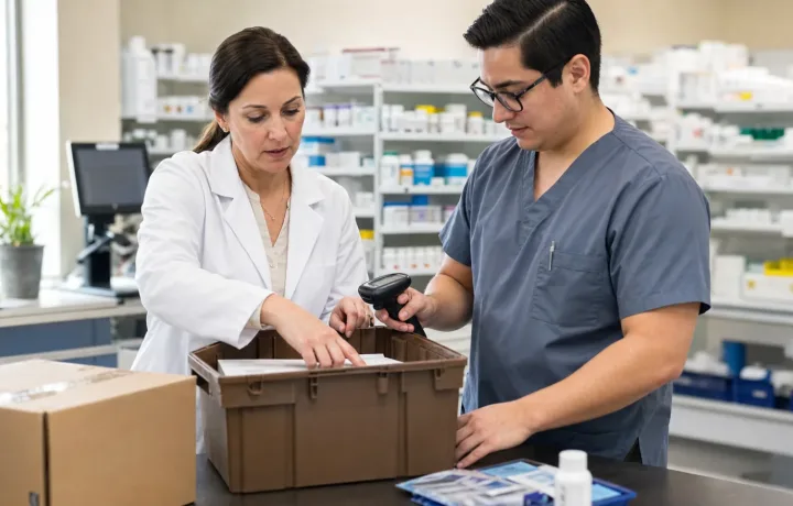 Pharmacist and technician receiving a medication shipment in an independent community pharmacy