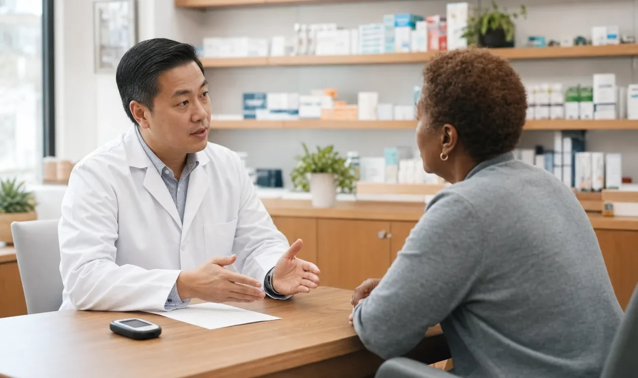 Community pharmacist discussing mealtime insulin options with an adult patient in a private pharmacy consultation area.