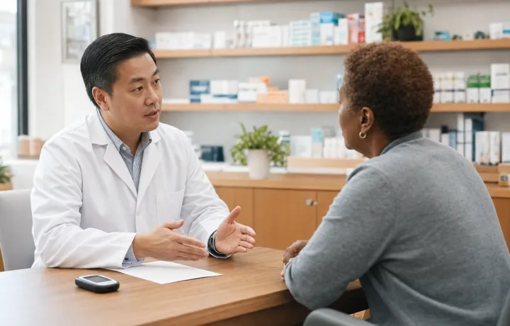 Community pharmacist discussing mealtime insulin options with an adult patient in a private pharmacy consultation area.